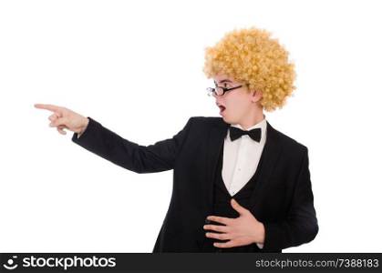 Funny man with curly hair style. Young man wearing afro wig