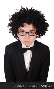 Funny man with curly hair style. Young man wearing afro wig