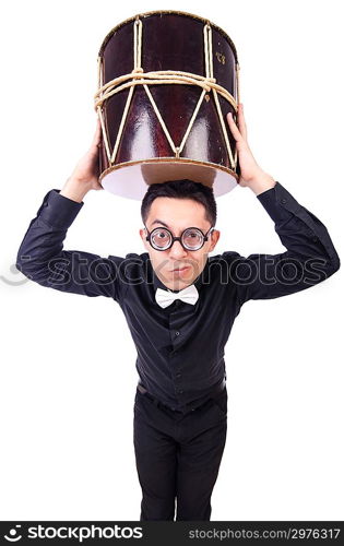 Funny man with drum on white