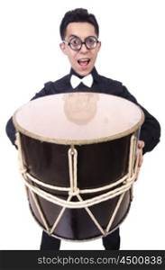 Funny man with drum on white