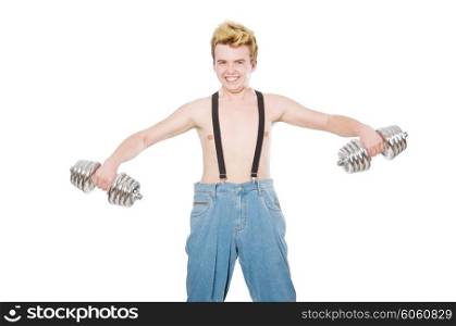 Funny man with dumbbells on white