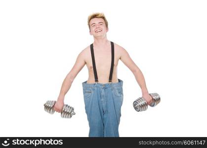 Funny man with dumbbells on white