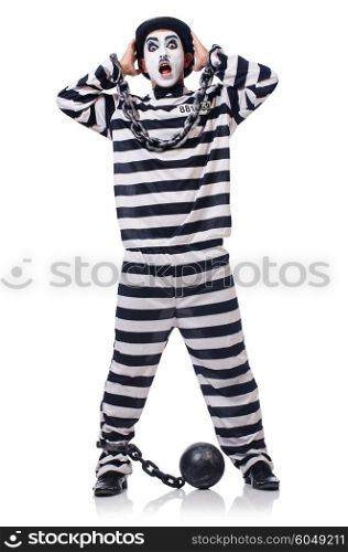 Funny man with facemask mask with shackles on white