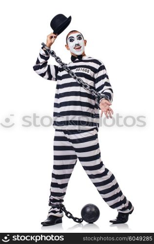 Funny man with facemask mask with shackles on white