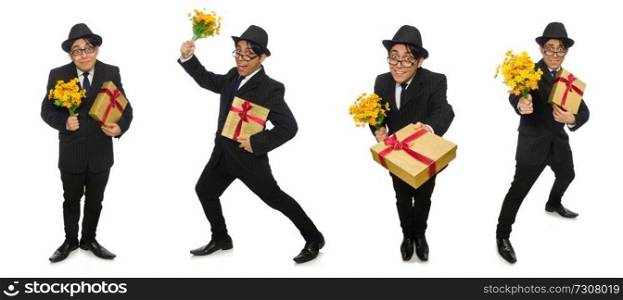 Funny man with flowers and giftbox