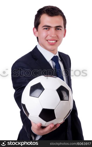 Funny man with football isolated on white