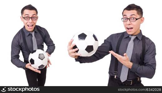 Funny man with football isolated on white