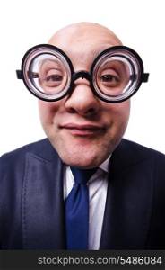 Funny man with glasses on white