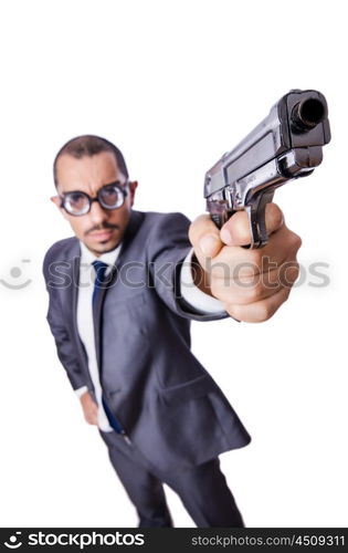 Funny man with gun isolated on white