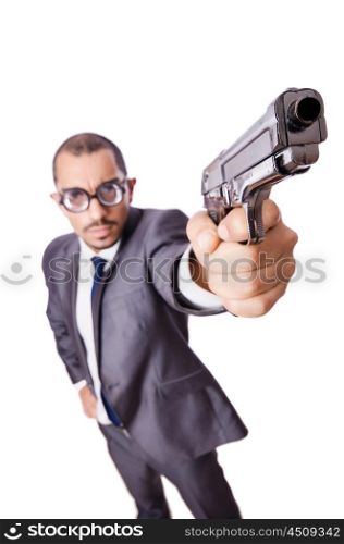 Funny man with gun isolated on white