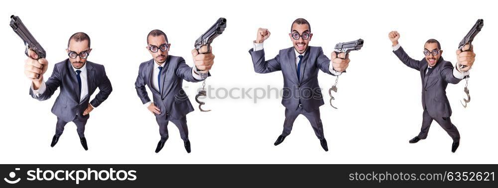 Funny man with gun isolated on white