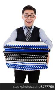 Funny man with lots of folders on white
