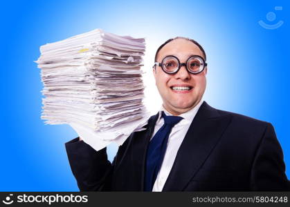 Funny man with lots of folders on white