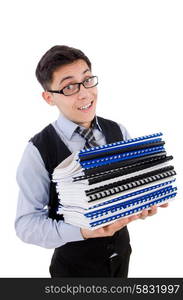 Funny man with lots of folders on white