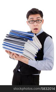 Funny man with lots of folders on white