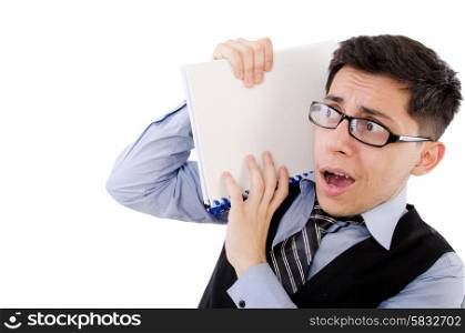 Funny man with lots of folders on white