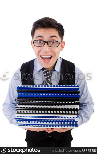 Funny man with lots of folders on white