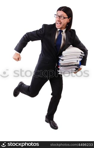 Funny man with lots of papers on white