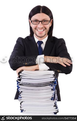 Funny man with lots of papers on white