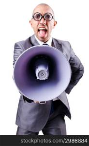 Funny man with loudspeaker on white