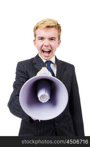 Funny man with loudspeaker on white