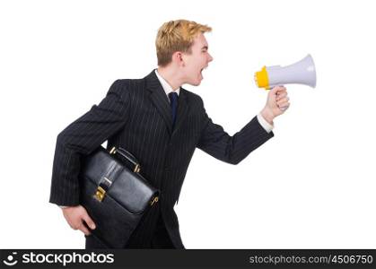 Funny man with loudspeaker on white
