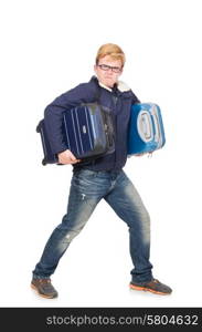 Funny man with luggage on white