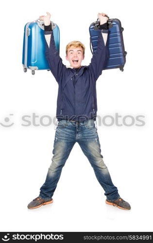 Funny man with luggage on white