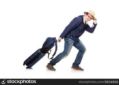 Funny man with luggage wearing safari hat