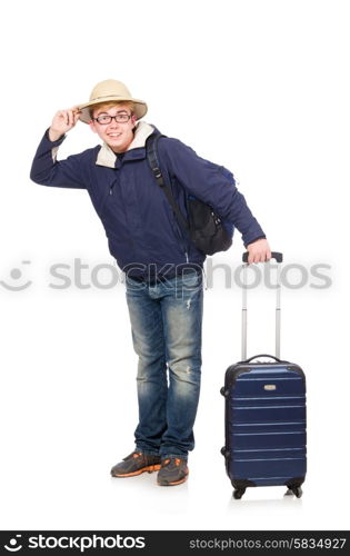 Funny man with luggage wearing safari hat