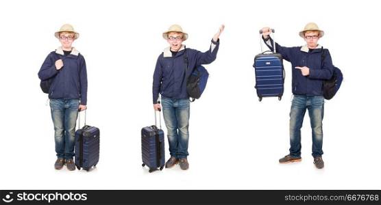 Funny man with luggage wearing safari hat