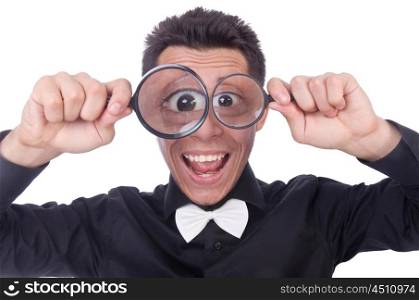 Funny man with magnifying glass