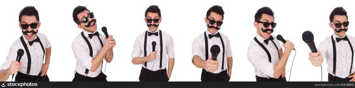 Funny man with mic isolated on white