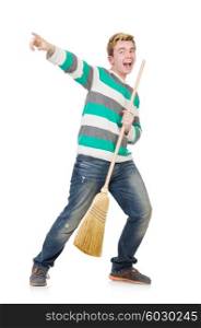 Funny man with mop isolated on white