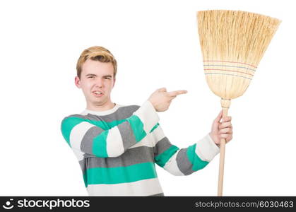 Funny man with mop isolated on white