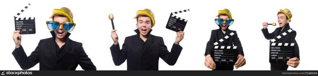 Funny man with movie clapboard