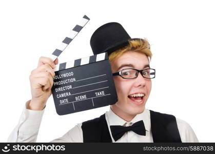 Funny man with movie clapper clapboard