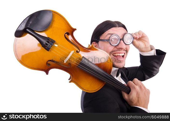 Funny man with music instrument on white