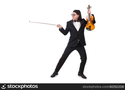 Funny man with music instrument on white