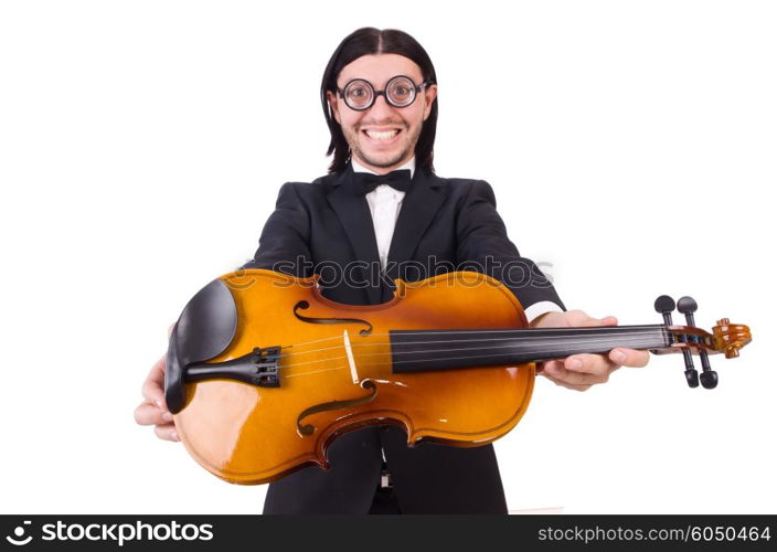 Funny man with music instrument on white