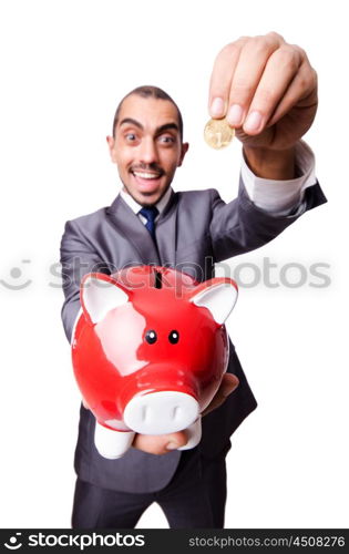 Funny man with piggybank on white