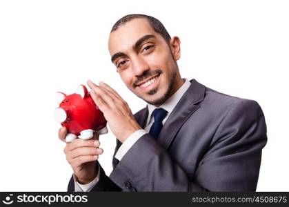 Funny man with piggybank on white