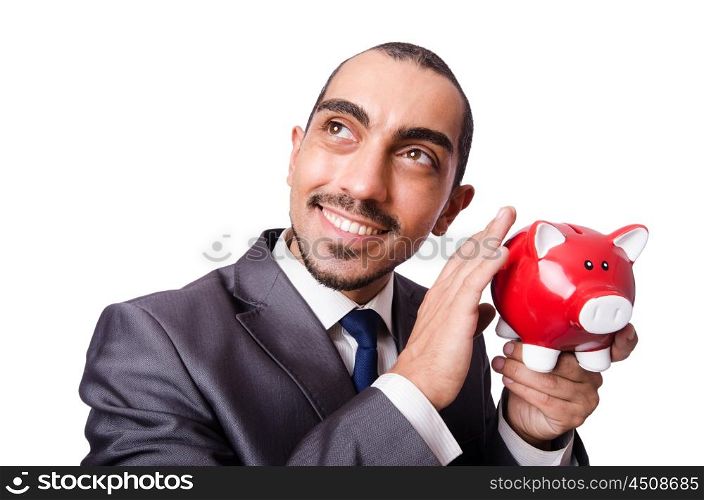Funny man with piggybank on white