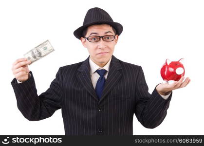 Funny man with piggybank on white