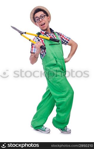 Funny man with shears on white