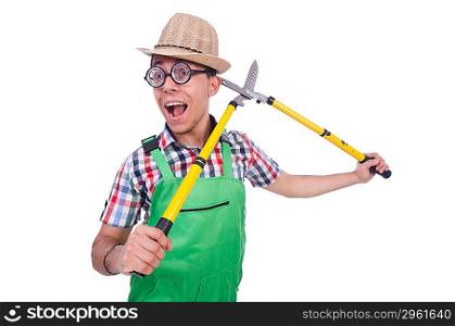 Funny man with shears on white