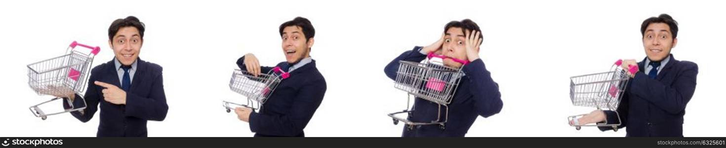 Funny man with shopping cart isolated on white