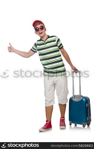 Funny man with suitcase isolated on white