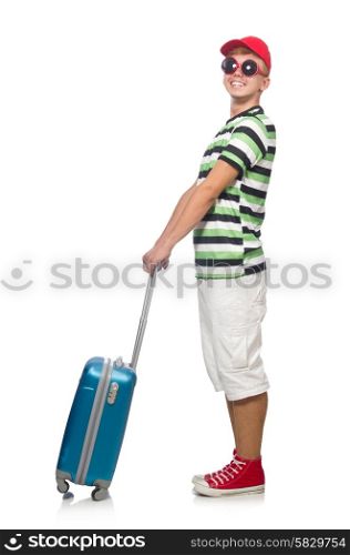 Funny man with suitcase isolated on white