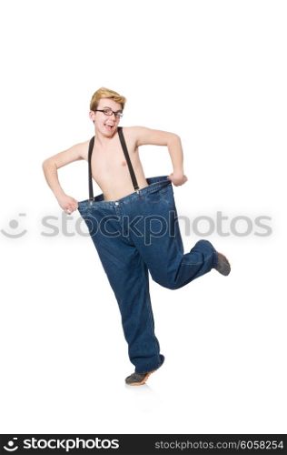 Funny man with trousers isolated on white